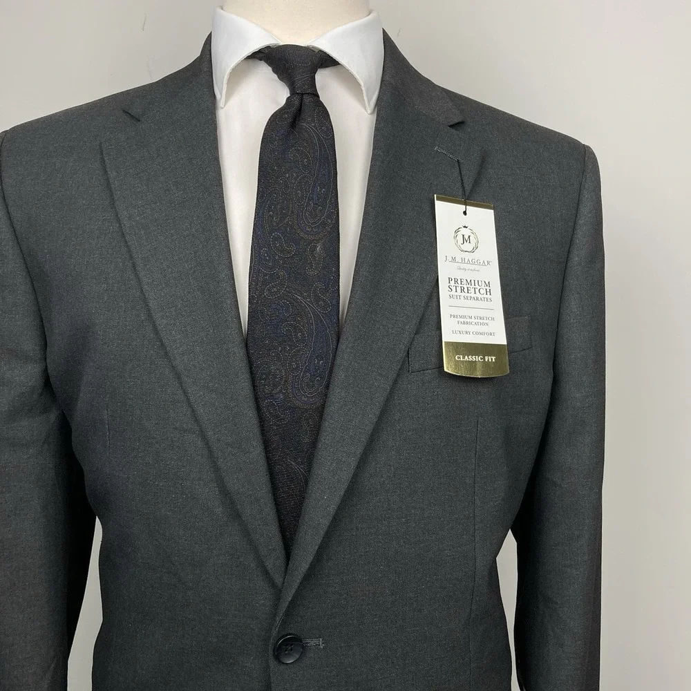Haggar Mens 2-pc Suit Jacket Blazer 44R Pants 36W 32L Dark Gray Heather